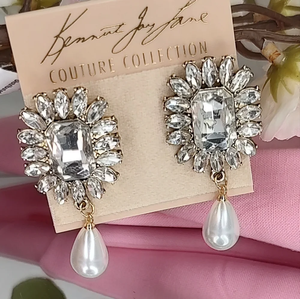 KENNETH JAY LANE Crystal Pearl Drop Earrings Cocktail Bridal Prom Pageant - Picture 2 of 11